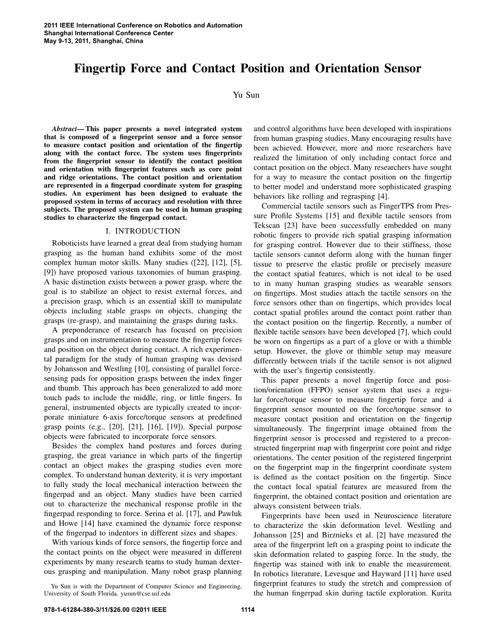 Fingertip Force and Contact Position and Orientation Sensor