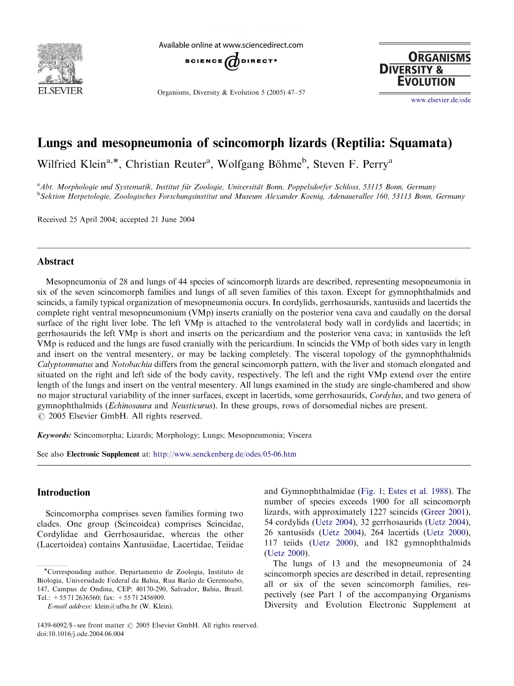 Lungs and Mesopneumonia of Scincomorph Lizards (Reptilia: Squamata) Wilfried Kleina,Ã, Christian Reutera, Wolfgang Bo¨ Hmeb, Steven F