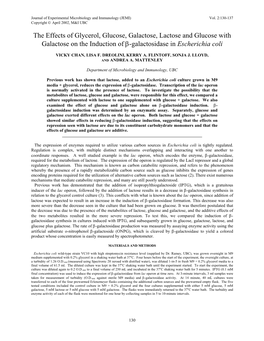 The Effects of Glycerol, Glucose, Galactose, Lactose and Glucose with Galactose on the Induction of Β-Galactosidase in Escherichia Coli