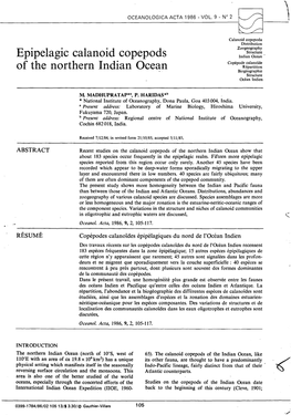 Epipelagic Calanoid Copepods of the Northern Indian Ocean