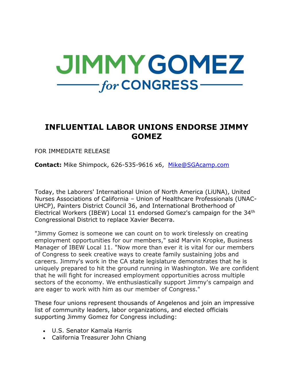 Influential Labor Unions Endorse Jimmy Gomez