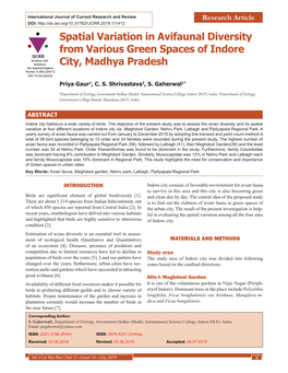 Spatial Variation in Avifaunal Diversity from Various Green Spaces of Indore IJCRR Section: Life Sciences Sci