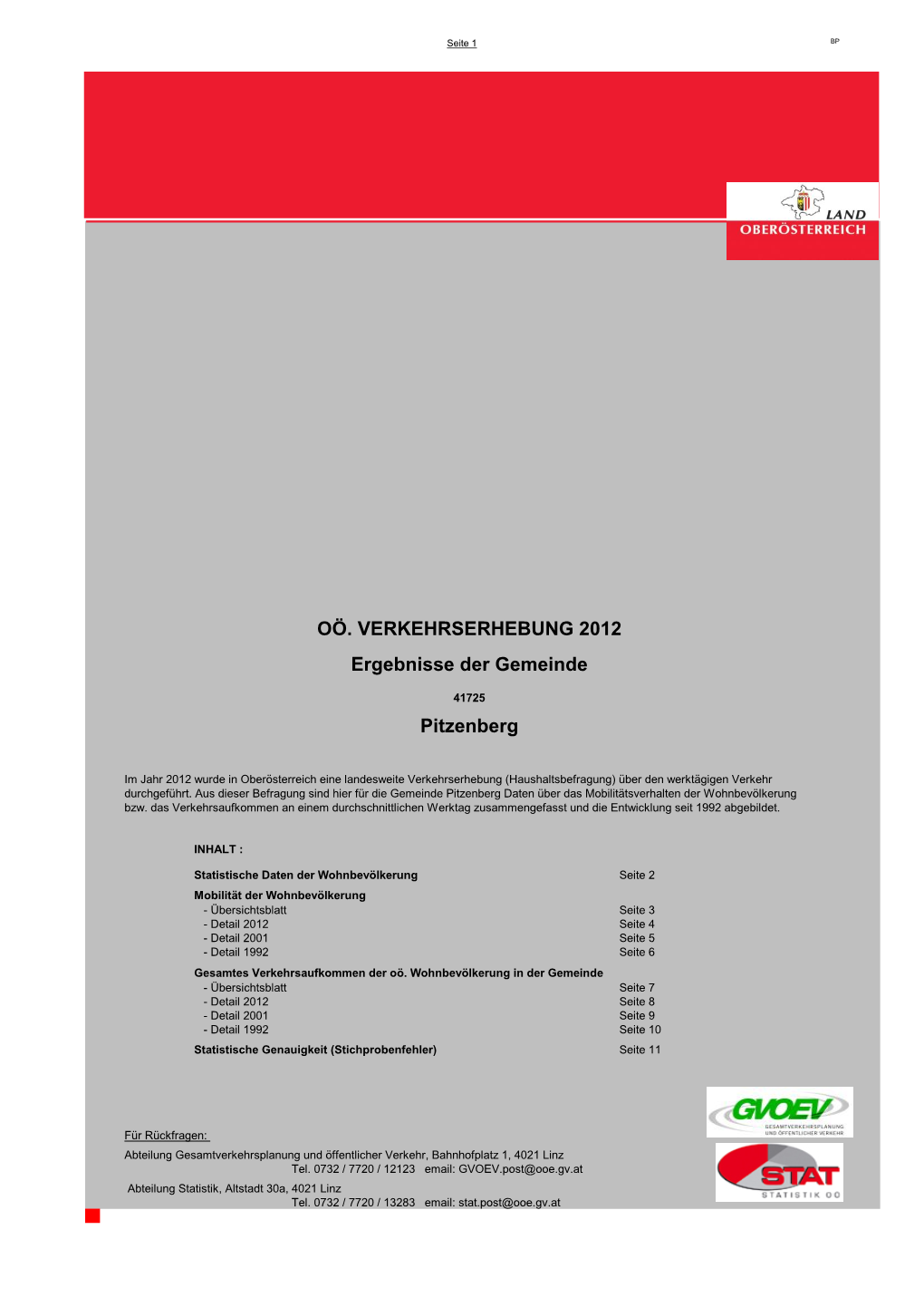 OÖ. VERKEHRSERHEBUNG 2012 Ergebnisse Der Gemeinde Pitzenberg