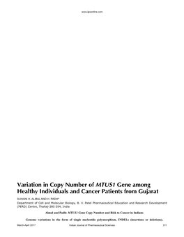 Variation in Copy Number of MTUS1 Gene Among Healthy Individuals and Cancer Patients from Gujarat