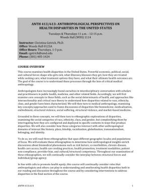 Anth 413/613: Anthropological Perspectives on Health Disparities in the United States