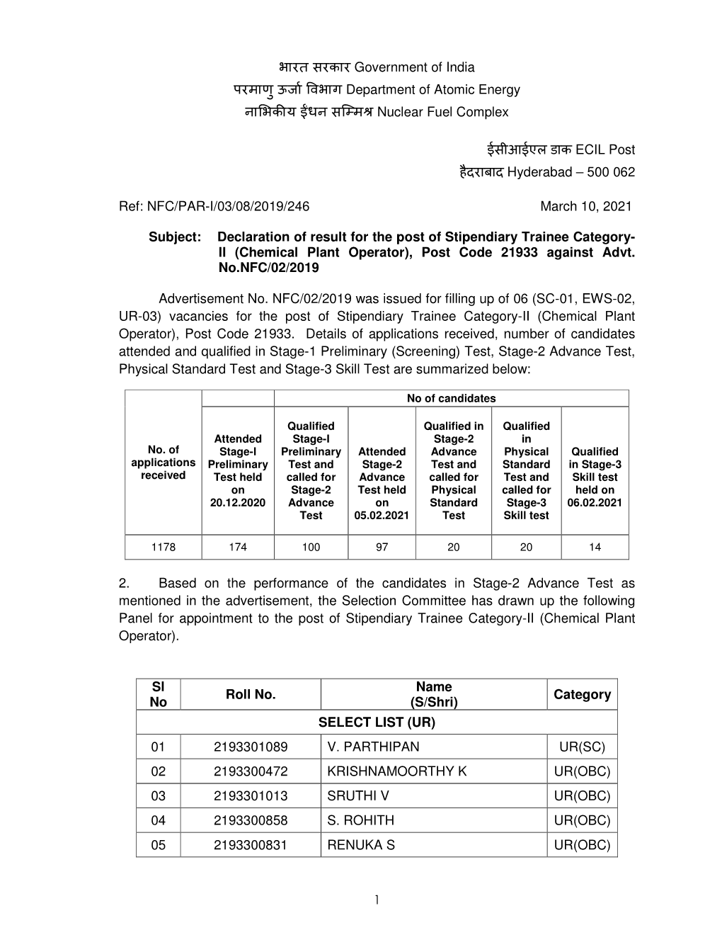 1 भारत सरकार Government of India परमाणु ऊजाx वभाग Department of Atomic Energy ना