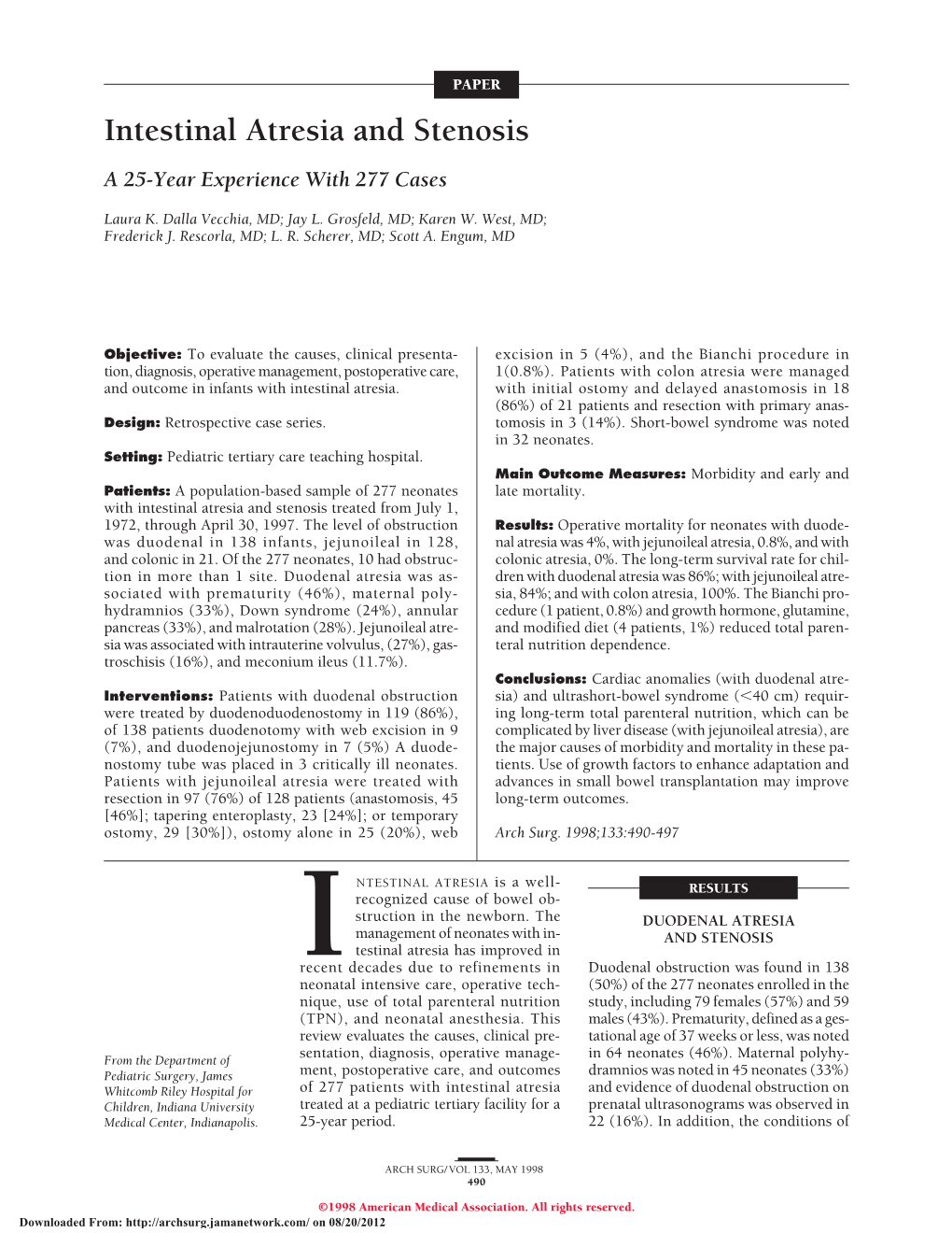 Intestinal Atresia and Stenosis a 25-Year Experience with 277 Cases