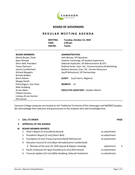 Camosun College Board of Governors Regular Meeting Agenda October 13, 2020