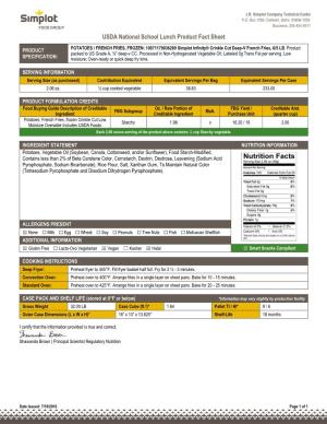 USDA National School Lunch Product Fact Sheet