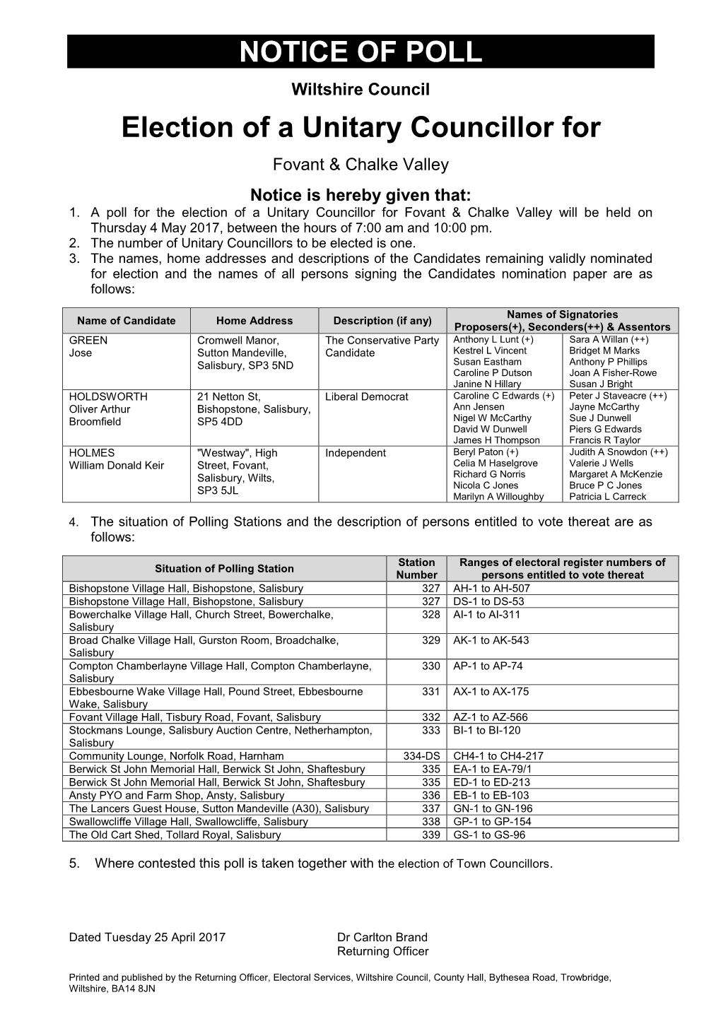 Fovant and Chalke Valley Notice Of