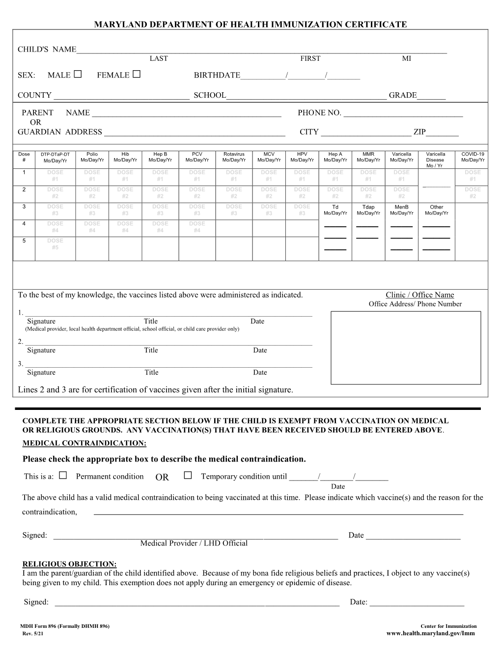 Maryland Department of Health and Mental Hygiene Immunization Certificate