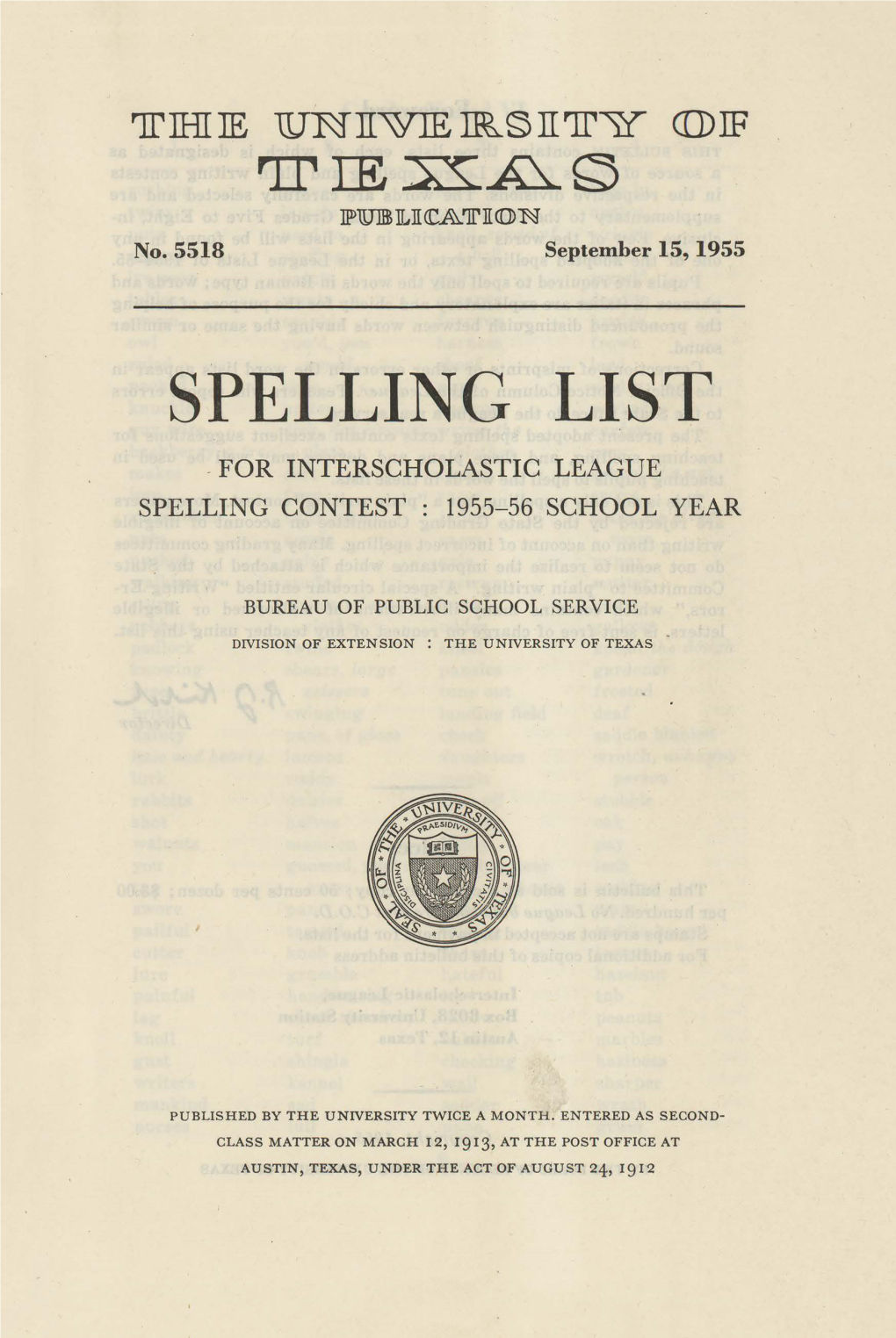 Spelling List -For Interscholastic League Spelling Contest : 1955-56 School Year