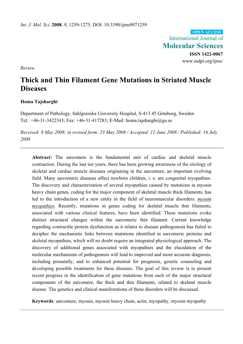 Thick and Thin Filament Gene Mutations in Striated Muscle Diseases