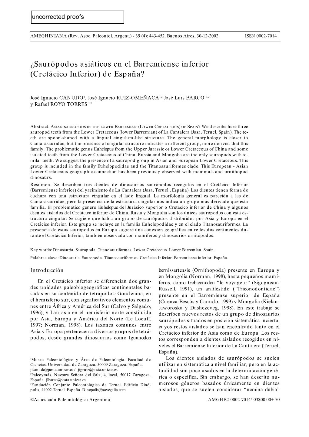 ¿Saurópodos Asiáticos En El Barremiense Inferior (Cretácico Inferior) De España?