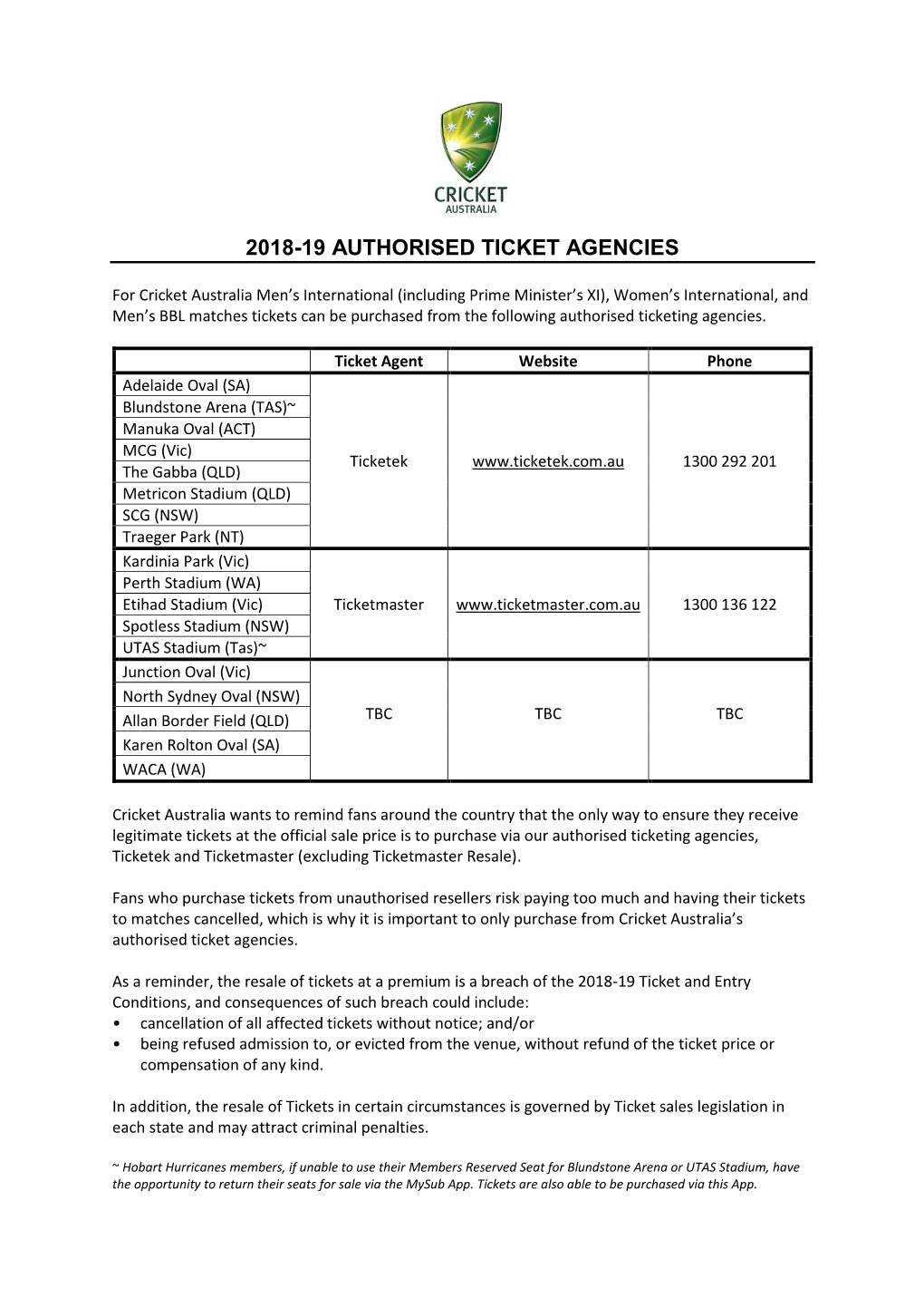 2018-19 Authorised Ticket Agencies