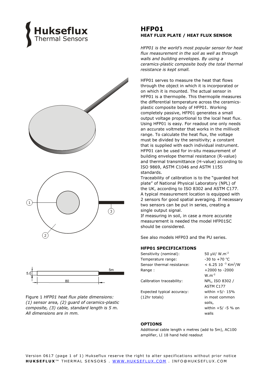 Figure 1 HFP01 Heat Flux Plate Dimensions: (1) Sensor Area