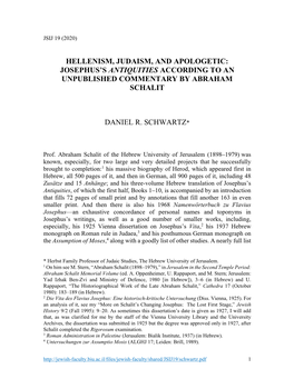 Hellenism, Judaism, and Apologetic: Josephus's Antiquities According to an Unpublished Commentary by Abraham Schalit Daniel R
