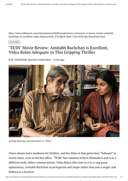 'TE3N' Movie Review: Amitabh Bachchan Is Excellent, Vidya Balan