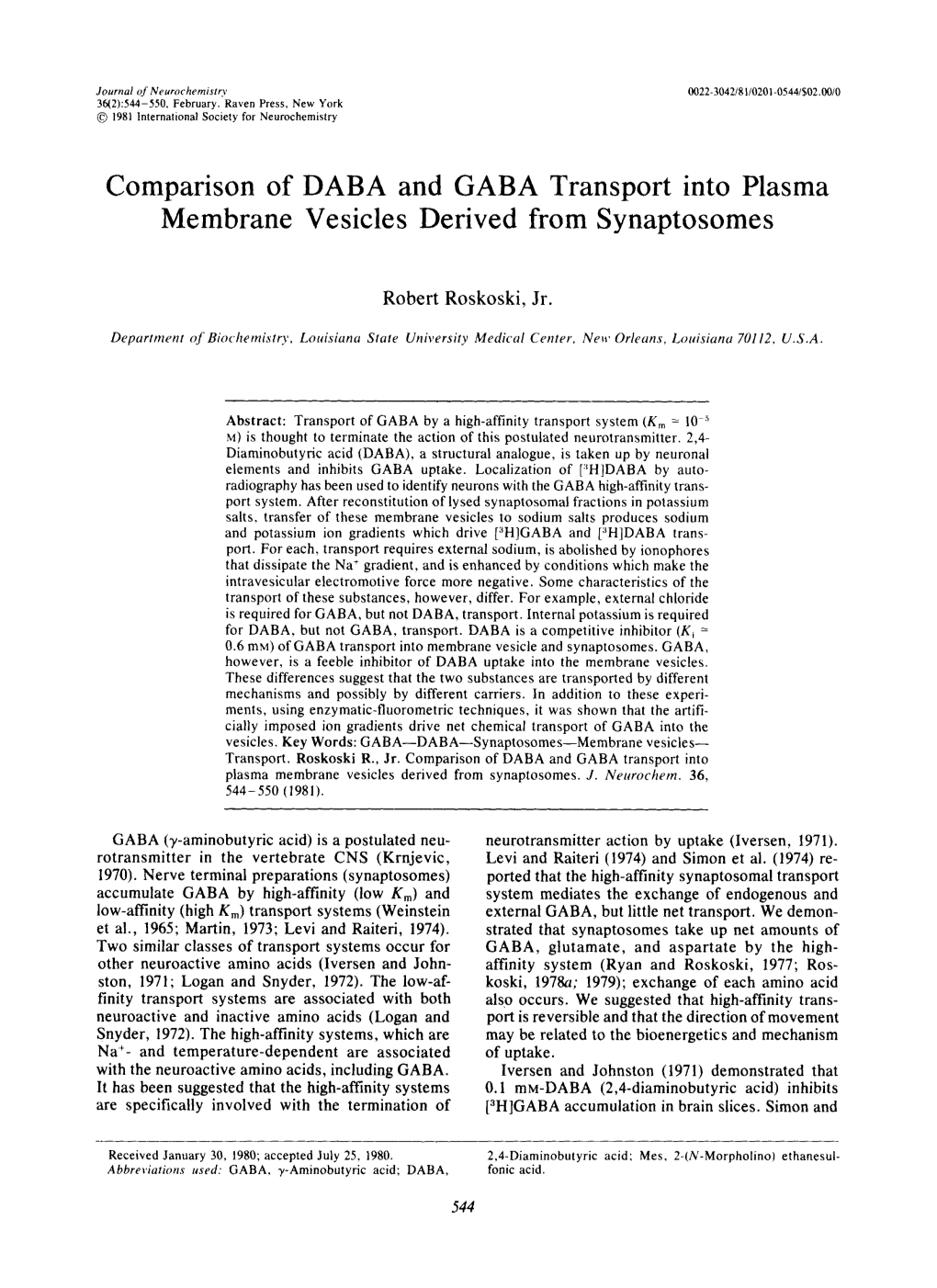 Comparison of DABA and GABA Transport Into Plasma Membrane Vesicles Derived from Synaptosomes