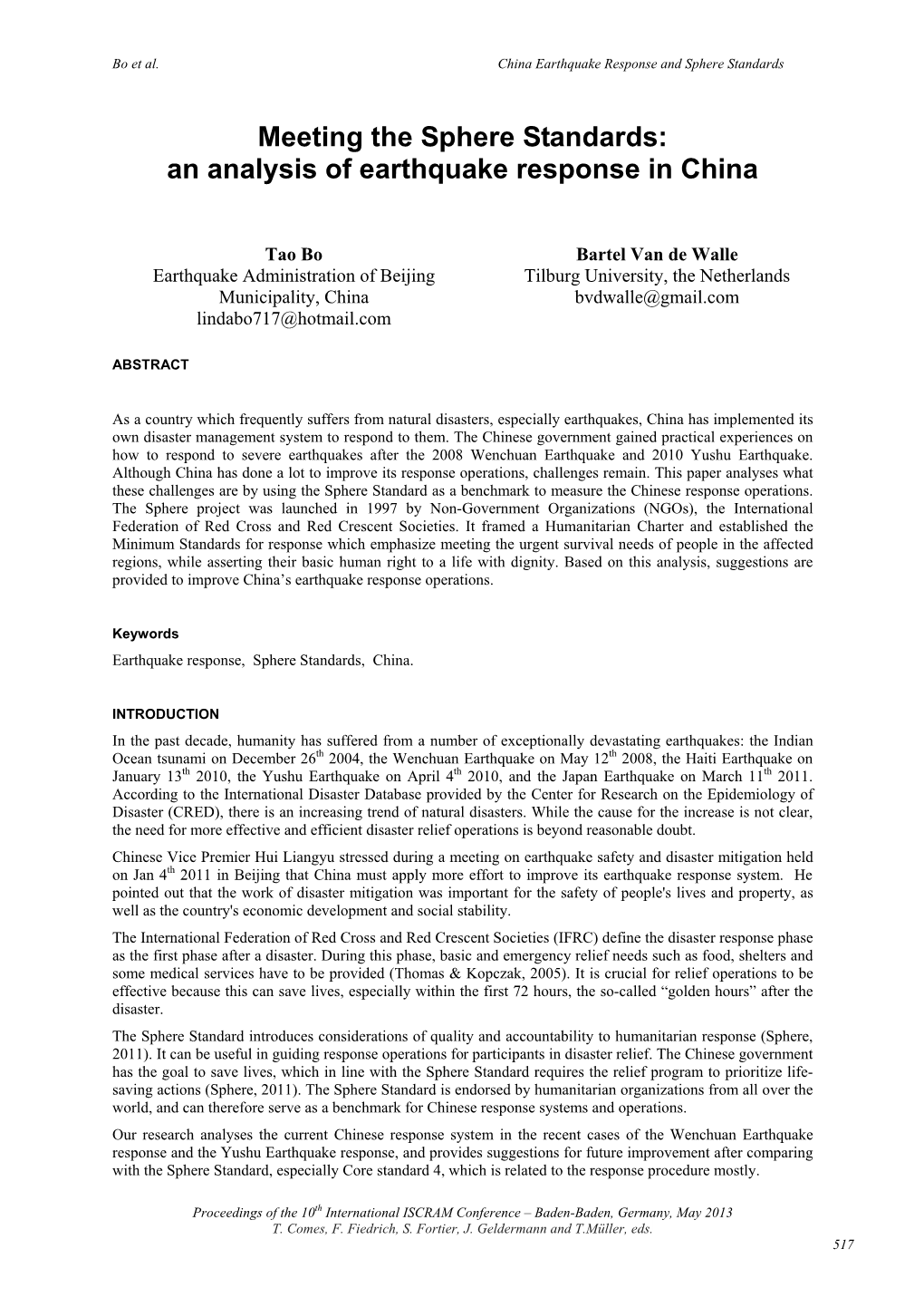 Meeting the Sphere Standards: an Analysis of Earthquake Response in China