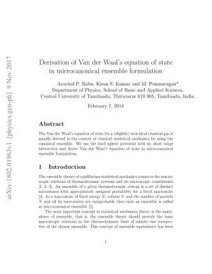 Derivation of Van Der Waal's Equation of State in Microcanonical Ensemble