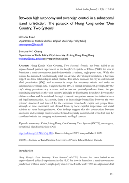 Between High Autonomy and Sovereign Control in a Subnational Island Jurisdiction: the Paradox of Hong Kong Under ‘One Country, Two Systems’
