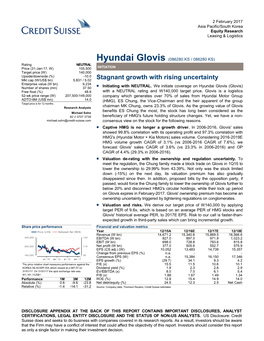 Hyundai Glovis (086280.KS / 086280 KS) Rating NEUTRAL Price (31-Jan-17, W) 155,500 INITIATION Target Price (W) 140,000 Upside/Downside (%) -10.0