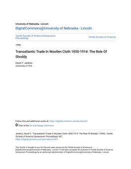 Transatlantic Trade in Woollen Cloth 1850-1914: the Role of Shoddy