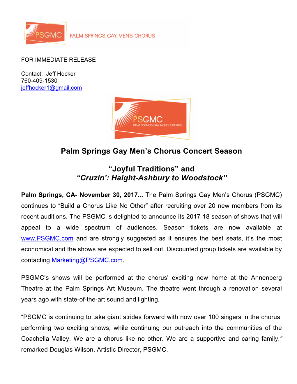 Palm Springs Gay Men's Chorus Concert Season “Joyful Traditions