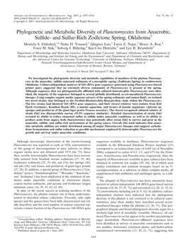 Phylogenetic and Metabolic Diversity of Planctomycetes from Anaerobic, Sulﬁde- and Sulfur-Rich Zodletone Spring, Oklahomaᰔ Mostafa S