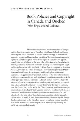 Book Policies and Copyright in Canada and Quebec Defending National Cultures
