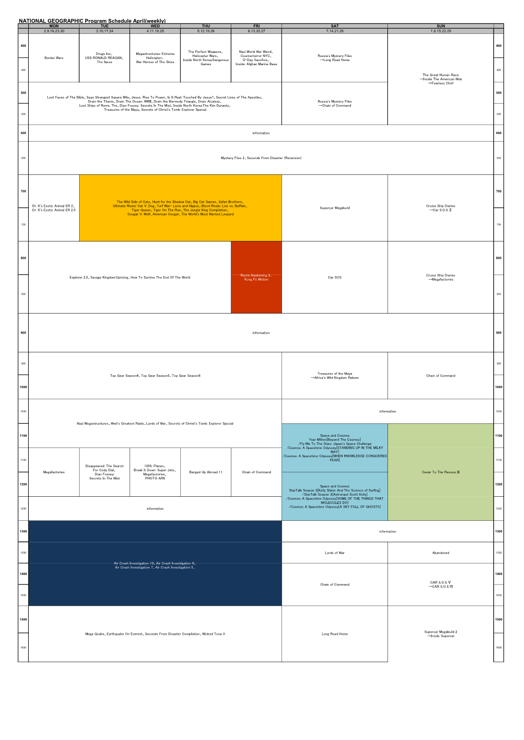 NATIONAL GEOGRAPHIC Program Schedule April(Weekly) MON TUE WED THU FRI SAT SUN 2.9.16.23.30 3.10.17.24 4.11.18.25 5.12.19.26 6.13.20.27 7.14.21.28 1.8.15.22.29