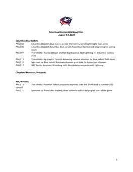 1 Columbus Blue Jackets News Clips August 14, 2020 Columbus Blue