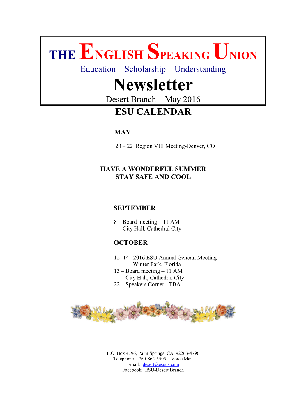 Newsletter Desert Branch – May 2016 ESU CALENDAR