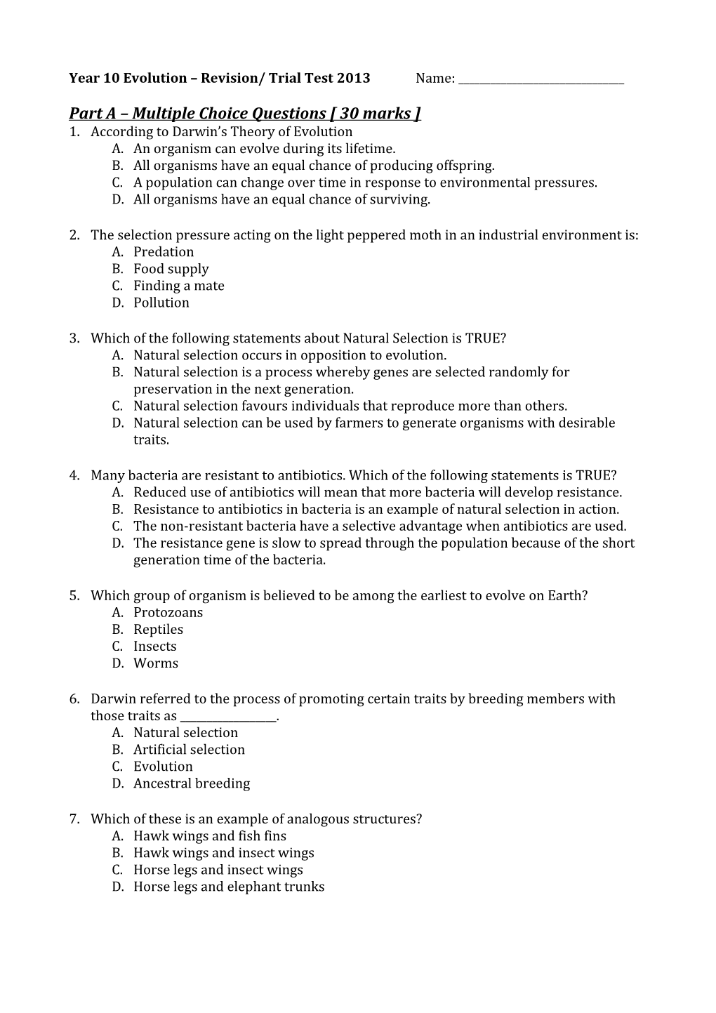 Year 10 Evolution Revision/ Trial Test 2013 Name: ______