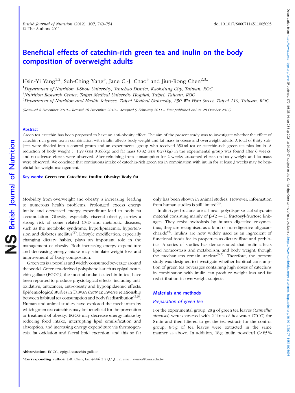 British Journal of Nutrition (2012), 107, 749–754 Doi:10.1017/S0007114511005095 Q the Authors 2011