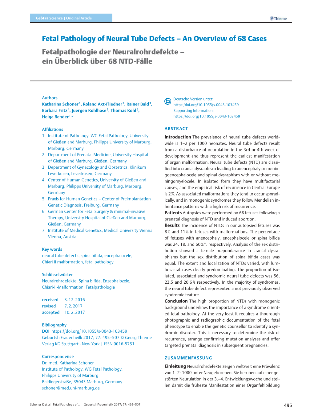 Fetal Pathology of Neural Tube Defects – an Overview of 68 Cases Fetalpathologie Der Neuralrohrdefekte – Ein Überblick Über 68 NTD-Fälle