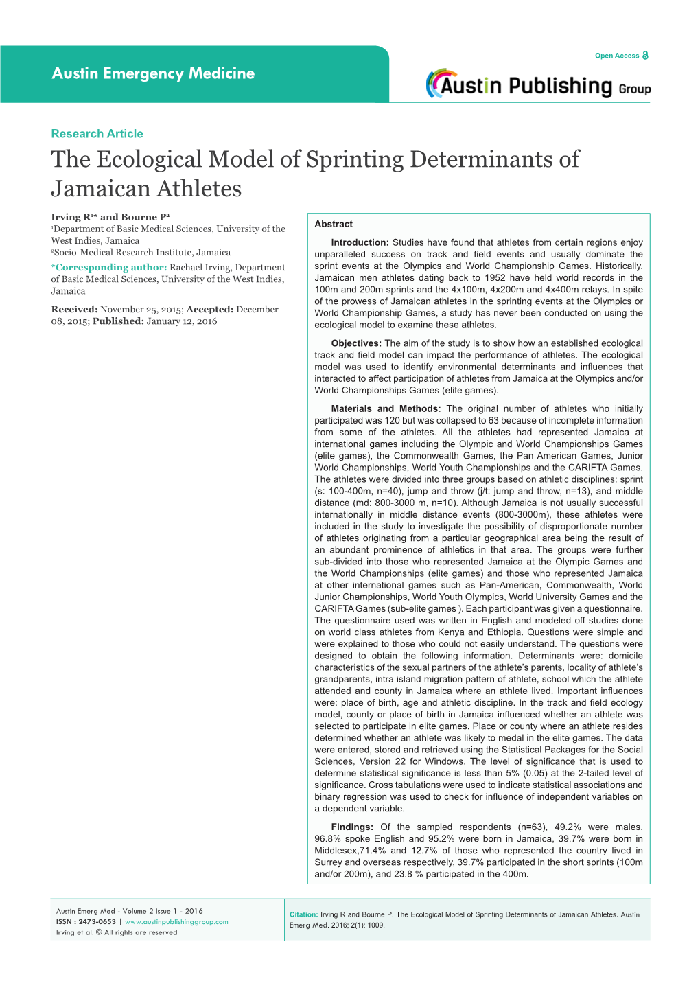 The Ecological Model of Sprinting Determinants of Jamaican Athletes