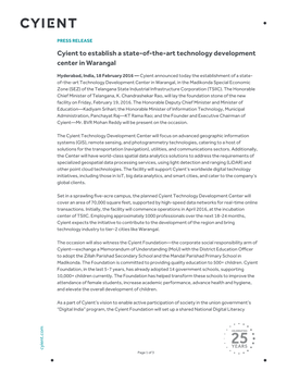Cyient to Establish a State-Of-The-Art Technology Development Center In
