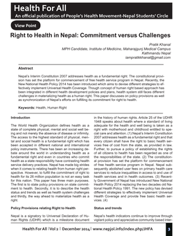 Health for All an Official Publication of People’S Health Movement-Nepal Students’ Circle