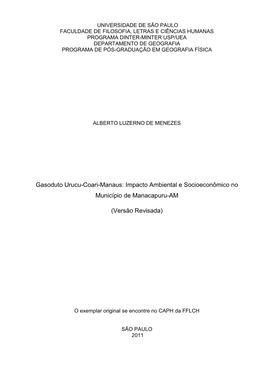 Gasoduto Urucu-Coari-Manaus: Impacto Ambiental E Socioeconômico No Município De Manacapuru-AM