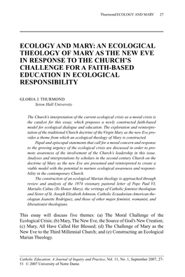 Ecology and Mary: an Ecological Theology of Mary As the New Eve in Response to the Church's Challenge for a Faith-Based Education in Ecological Responsibility