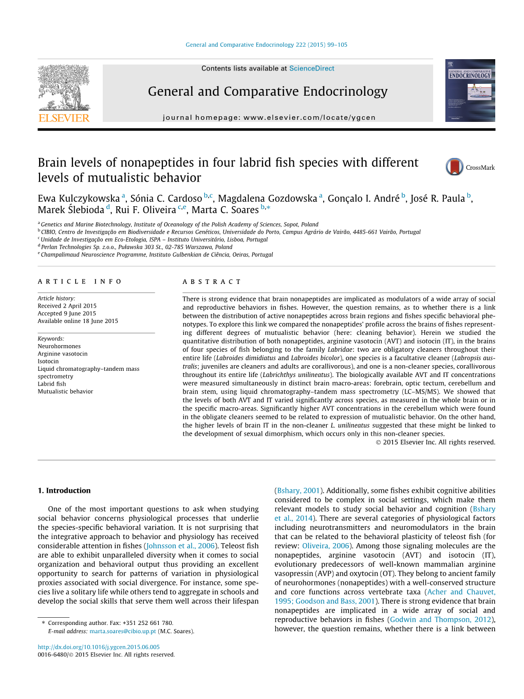 Brain Levels of Nonapeptides in Four Labrid Fish Species with Different