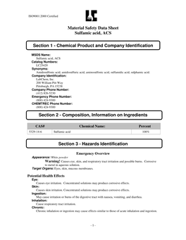 Material Safety Data Sheet Sulfamic Acid, ACS Section 1