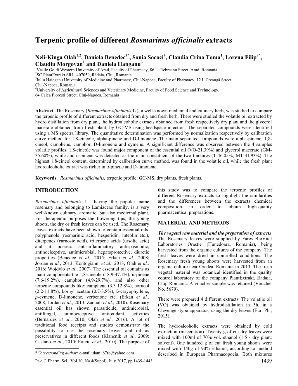 Terpenic Profile of Different Rosmarinus Officinalis Extracts