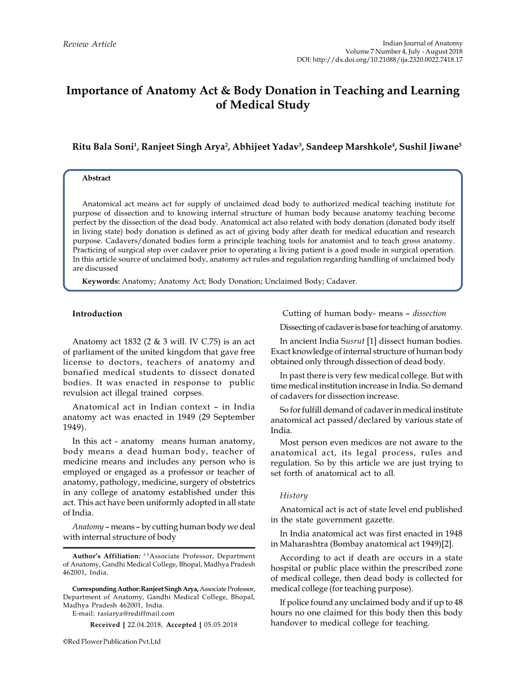 Importance of Anatomy Act & Body Donation in Teaching and Learning