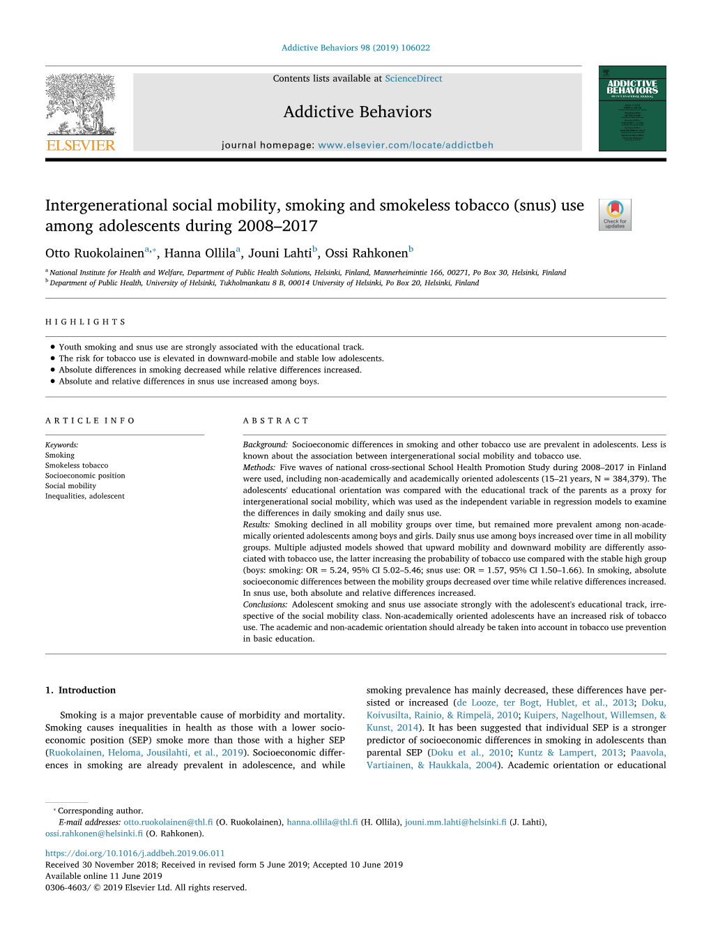 Intergenerational Social Mobility, Smoking and Smokeless Tobacco