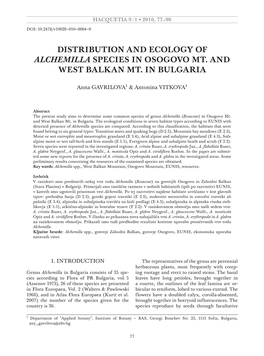 Distribution and Ecology of Alchemilla Species in Osogovo Mt. and West Balkan Mt