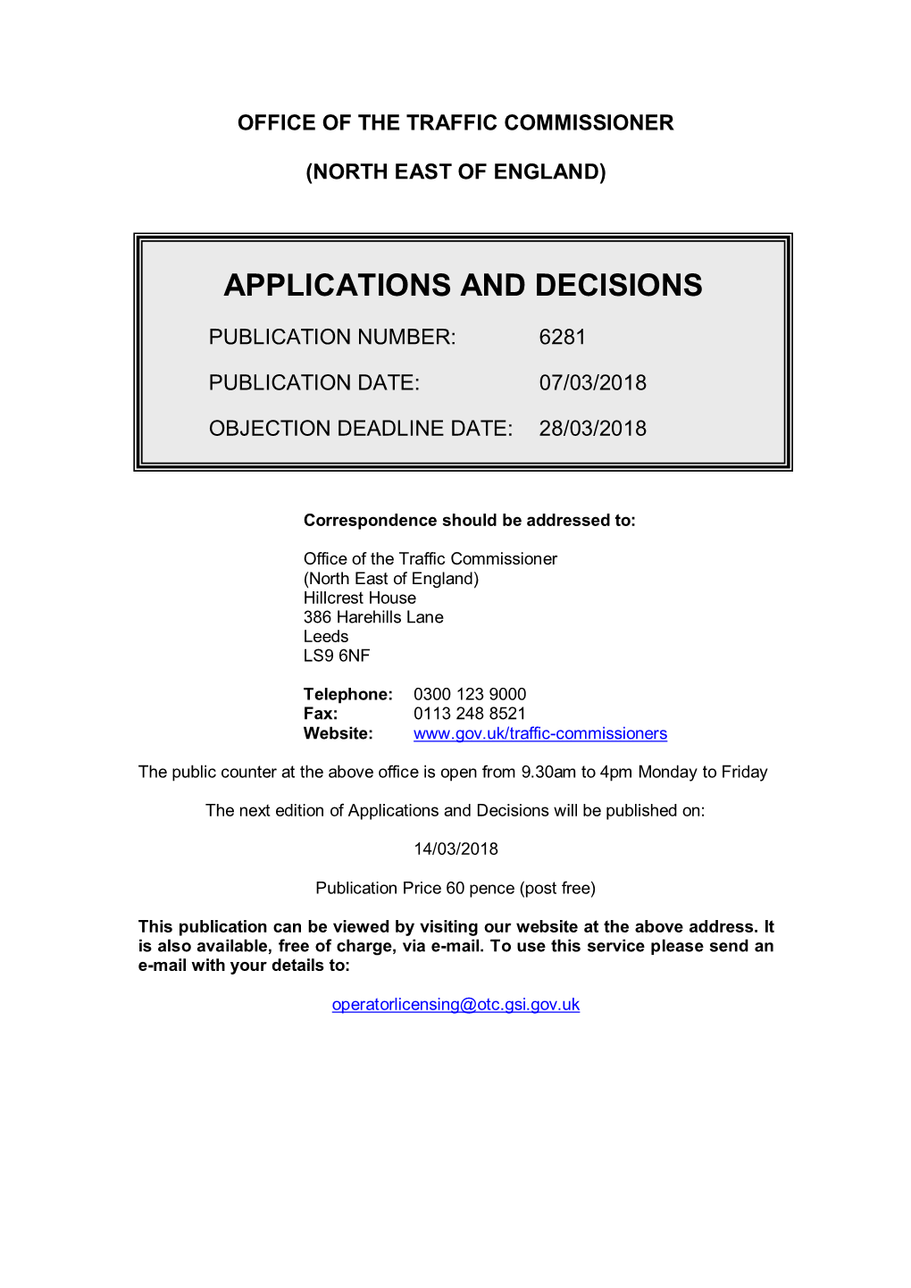 Applications and Decisions 6281: Office of the Traffic Commissioner