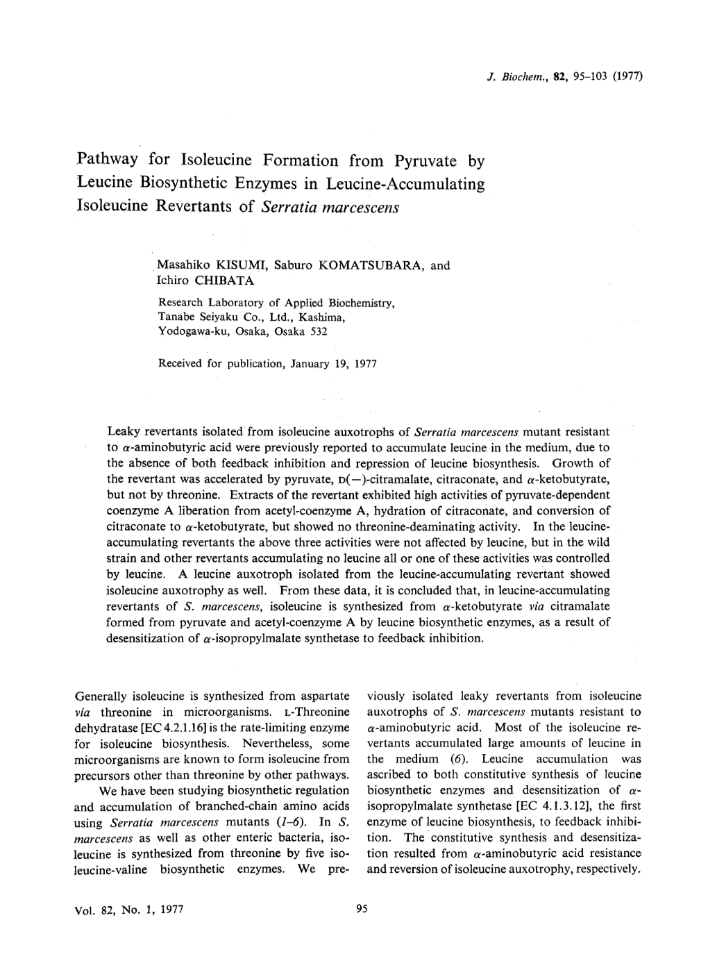 Pathway for Isoleucine Formation from Pyruvate by Leucine Biosynthetic Enzymes in Leucine-Accumulating Isoleucine Revertants of Serratia Marcescens